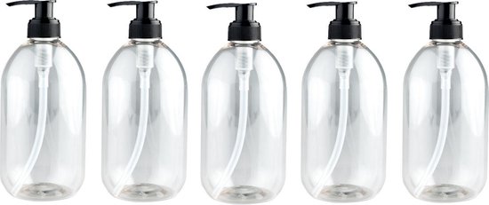 Set van 5 lege plastic/PET flessen 500ml met pompje - leeg - flacon - navulbaar - zeepdispenser - decoratieve fles
