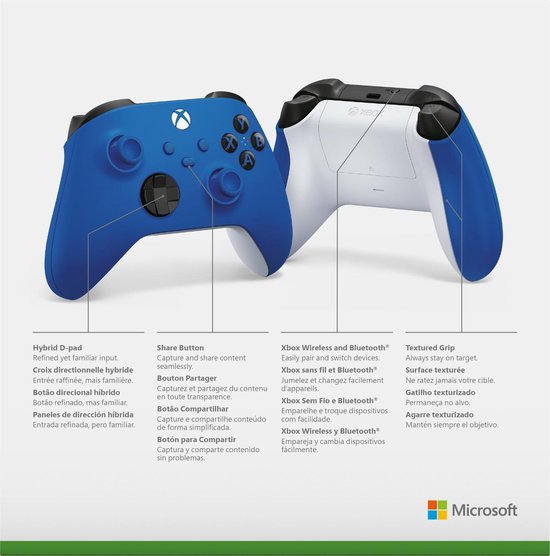 Gedetailleerde illustratie van een blauwe Xbox controller, met kenmerken zoals 'Hybrid D-pad' en 'Share Button'.