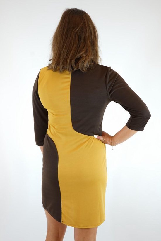 Ik heb een contract gemaakt Arbeid erger maken La Pèra Bruine jurk met geel detail Zakelijk/Casual Getailleerd Dames -  Maat S | bol.com