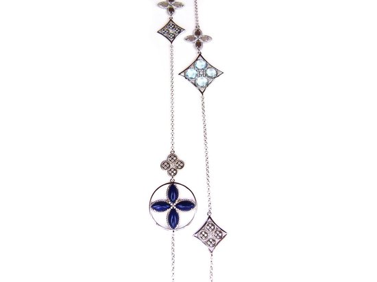 Lange zilveren collier halsketting Model Inspired Beauty gezet met blauwe stenen