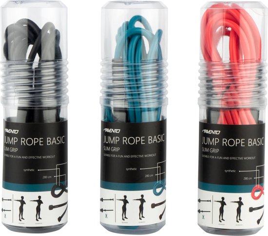 Drie Avento springtouwen Basic Slim Grip in verpakking: grijs, turquoise en rood.
