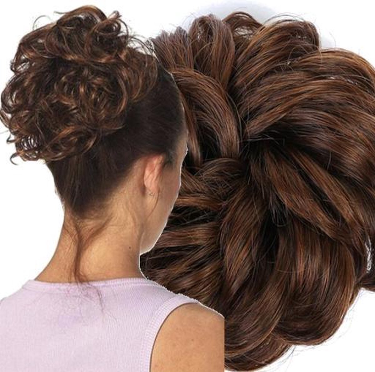 Messy Hair bun | Curly Haar Wrap Extension Bruin Mixed: Mahonie/Donker/Warm Bruin| Inclusief Luxe Bewaarzakje.*