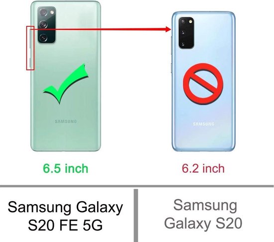 Vergelijking van Samsung Galaxy S20 FE 5G (groen, 6.5 inch) en Samsung Galaxy S20 (blauw, 6.2 inch).