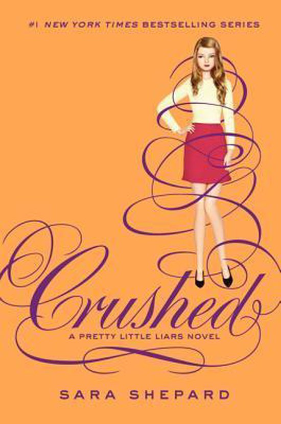 Boekcover van Crushed, een Pretty Little Liars roman, met een gestileerde illustratie van een vrouw op een oranje achtergrond.