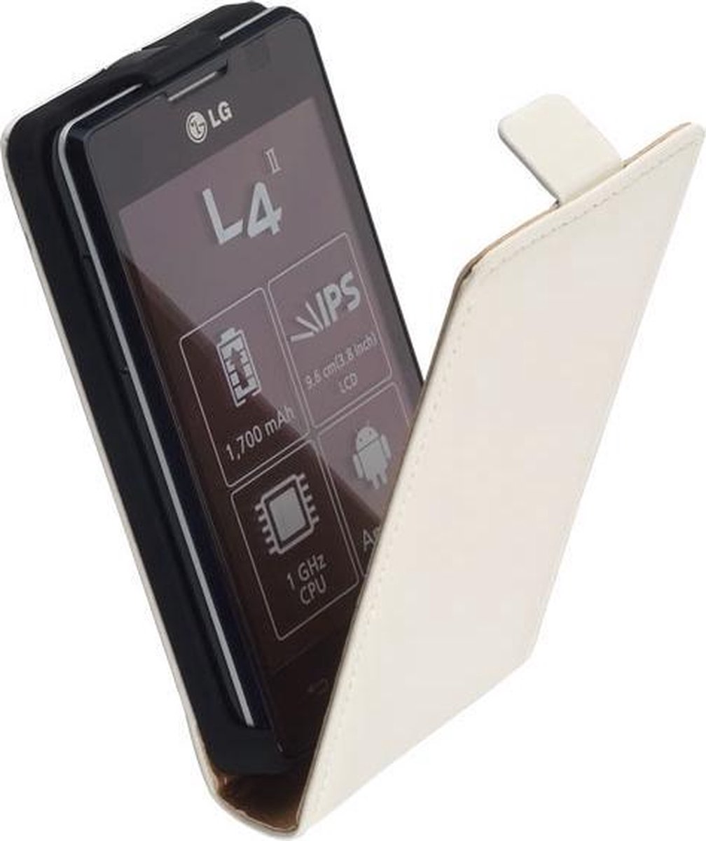 Lederen Flip Case Cover Hoesje - LG Optimus L4 2 E440 Wit Creme