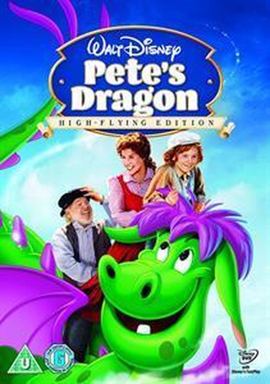 Pete's Dragon High-Flying Edition DVD hoes met Pete, een vrouw en een oude man op de groene draak.