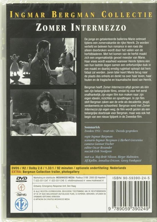 DVD-hoes met twee scènes: een man met een vrouw in een dansstudio en een vrouw bij een tafel. Ingmar Bergman Collectie: Zomer Intermezzo.