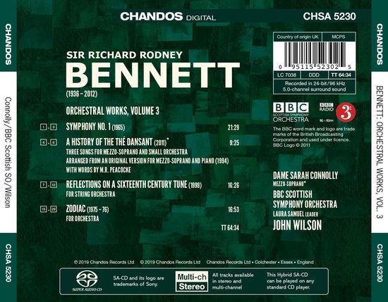 CD-hoes met tekst van Sir Richard Rodney Bennett: Orchestral Works, Volume 3, CHSA 5230.