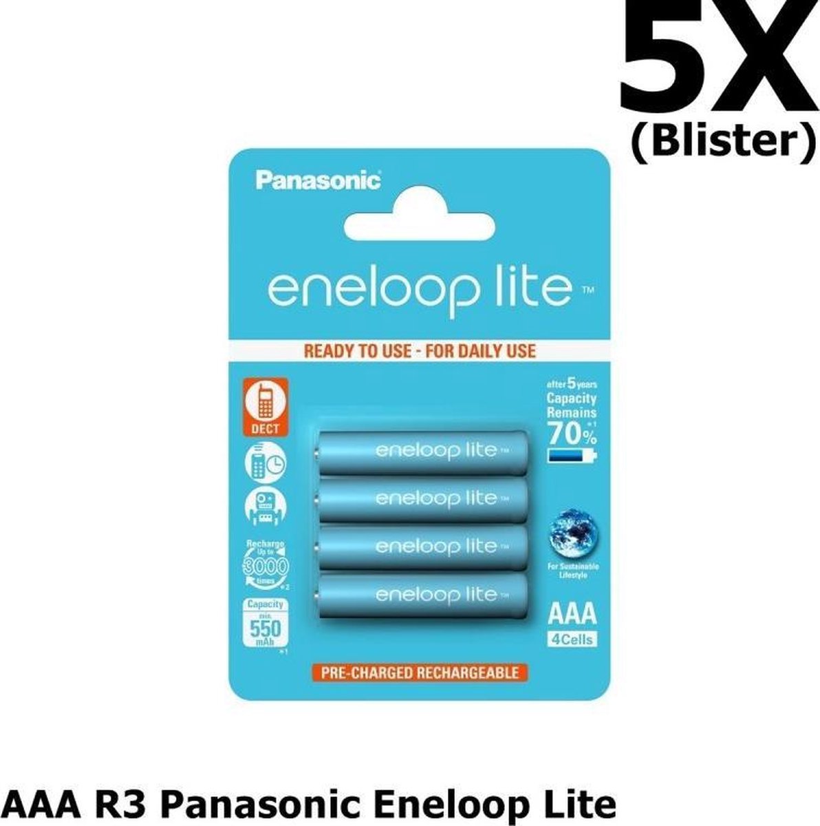 20 Stuks (5 Blisters a 4st) - AAA R3 Panasonic Eneloop Lite 1.2V 550mAh Oplaadbare Batterijen - Speciaal voor dect telefoons, Tot 3000 laadcycli - Blisterverpakking