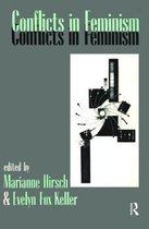 Boekomslag: 'Conflicts in Feminism', geredigeerd door Marianne Hirsch & Evelyn Fox Keller, met abstracte grafische elementen.