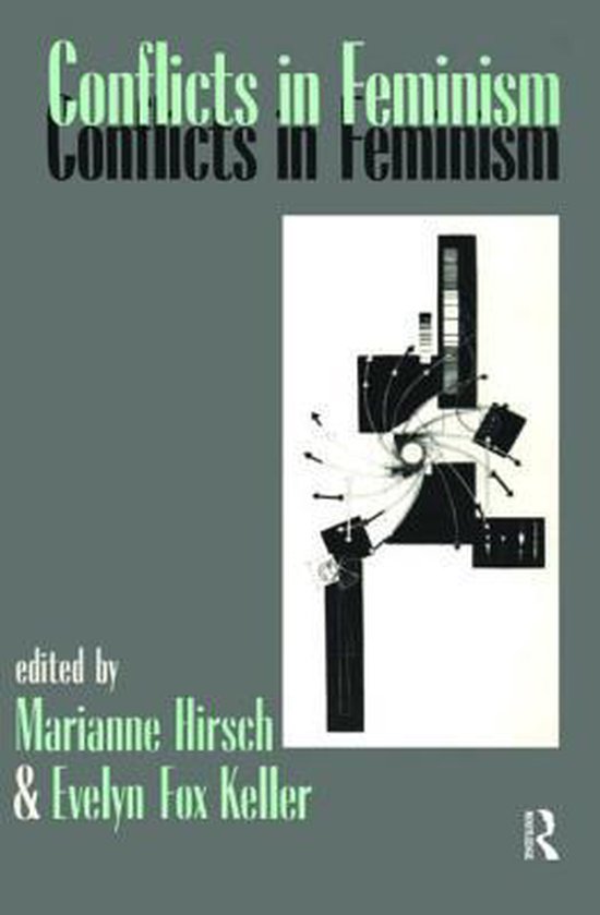Boekomslag: 'Conflicts in Feminism', geredigeerd door Marianne Hirsch & Evelyn Fox Keller, met abstracte grafische elementen.
