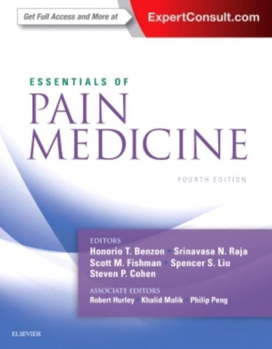 Couverture du livre 'Essentials of Pain Medicine', quatrième édition, avec des lignes ondulées bleues et blanches et du texte.