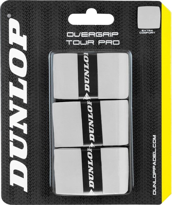 Dunlop Overgrip Tour Pro, 3 witte grips met Dunlop logo.