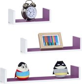 Relaxdays wandplank set van 3 - boekenplank modern - wandboard U-vorm - 3 groottes - MDF - Wit-Violet