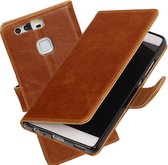MP Case Bruin Vintage lederlook PullUp Map voor de Huawei P9 wallet cover - book case - hoesje