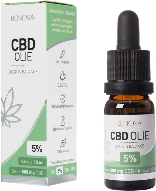 Set van een doosje en flesje Renova CBD Olie, 5% CBD, 10ml, 500mg CBD. Flesje met druppelaar.