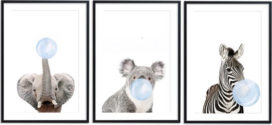 Kinderkamer/babykamer posters – 3 stuks - 20x30 cm - Dieren met blauwe kauwgombel - Koala, olifant & zebra
