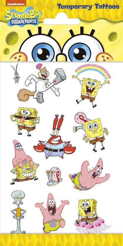 Sponge Bob Tattoos - Tijdelijke Tattoo - Body Glitter - Plak Tattoos - Nep Tattoo - Fake Tattoo - Kinderen - 1 Vel met 12 tattoos