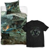 Dekbedovertrek Leger Tank- Army Combat- 1persoons- 140x200- Dekbed Jongens- 100% katoen, incl. zwart T-shirt met Tankprint mt XXL