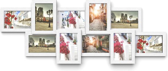 fotolijstcollage, voor 10 foto's van elk 10 x 15 cm, fotolijst van MDF-panelen, te monteren, wit, met houtnerf RPF21W