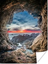 Zonsondergang vanuit zeegrot in Garrapata State Park in Big Sur Amerika Poster 120x160 cm - Foto print op Poster (wanddecoratie woonkamer / slaapkamer) / Amerika Poster XXL / Groot formaat!