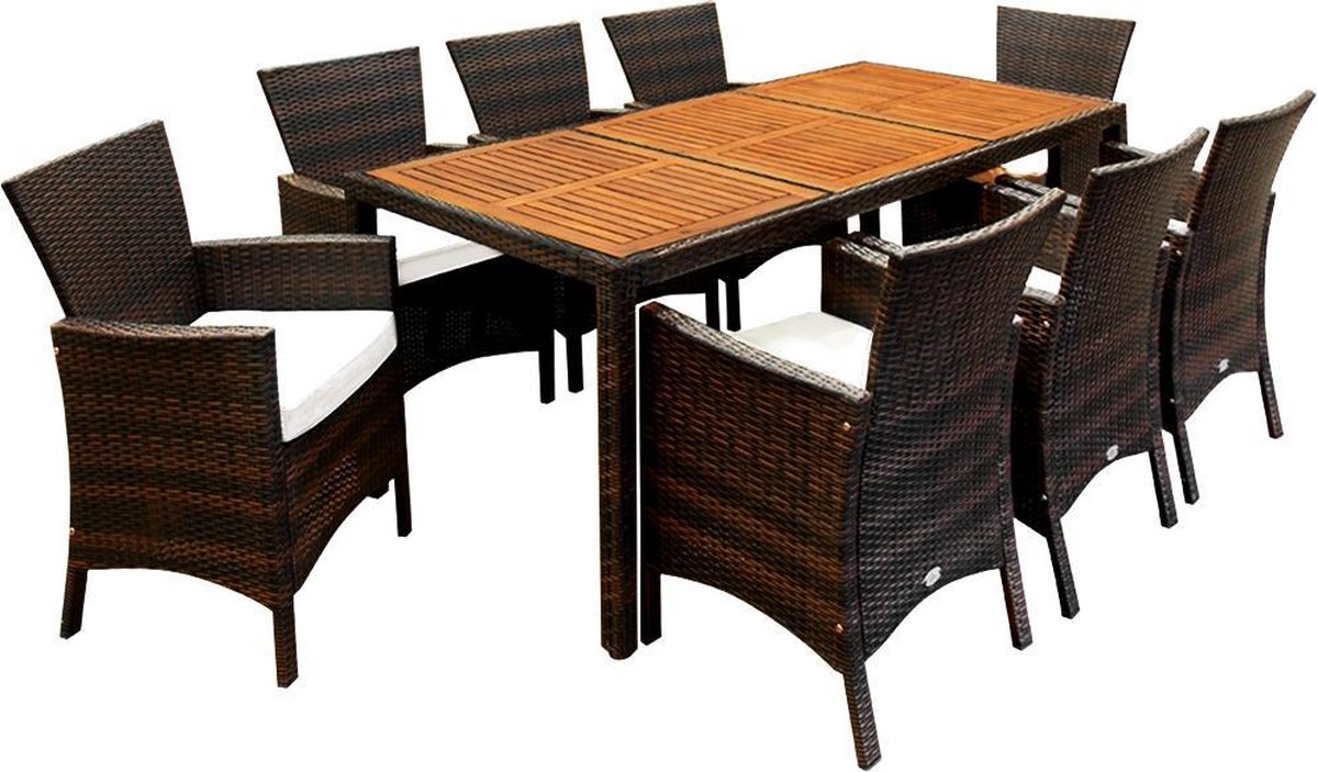 17-delige Casaria Polyrattan tuinset met acaciahouten tafel in bruin.