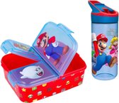 Mario - 3 compartiment brooddoos (18 cm X 13 cm X 6 cm) + grote drinkfles - drinkbeker - 620 ml - 22 cm hoog