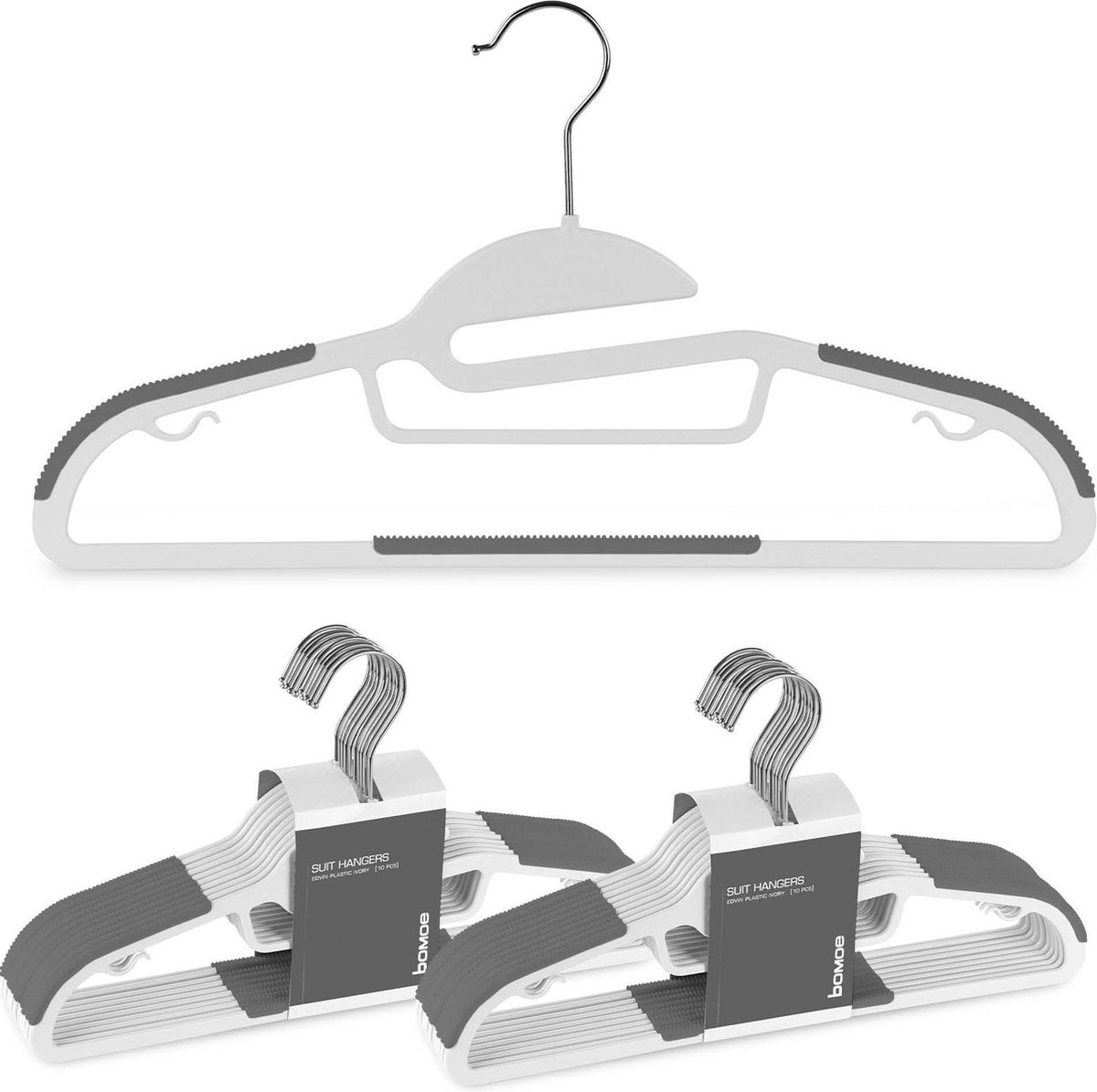 bomoe Kledinghanger set Edvin Wit/Grijs - 20 Universele Kleerhangers - Ruimtebesparende Metalen Hangers voor Pakken, Broeken en veel meer - Anti-slip Rubber Coating Jassenhangers