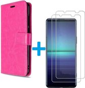 Sony Xperia 5 II hoesje book case roze met 2 stuks Glas Screen protector