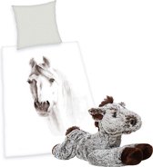 Dekbedovertrek getekend Paard- 1 persoons, katoen- 140x200- incl. zachte pluche paarden knuffel 32 cm donker bruin .