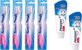 4 tandenborstels soft + 2 Prodent Cool Mint Tandpasta - roze