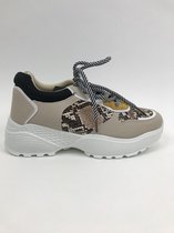 sneaker slangenprint okergeel/beige/bruin laag model veter uitneembare zool