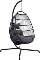 Hangstoel Norway -  Zwart Wicker & Touw Luxe Egg Hangstoel Met Dikke Antraciete kussens Met Frame - Inklapbare Basket