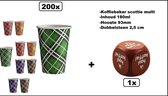 200x Koffie beker Scotty Colour 180cc 5 kleuren +dobbelsteen - - koffie thee warme drank soep carnaval thema feest kantine festival grappig en fout
