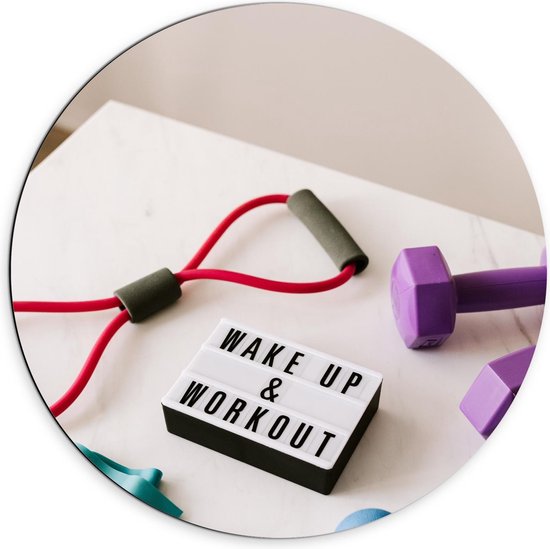 Dibond Wandcirkel - ''Make up & Workout'' met Sportartikelen - 70x70cm Foto op Aluminium Wandcirkel (met ophangsysteem)