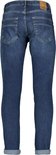 Achterkant donkerblauwe, slim-fit spijkerbroek met opgerolde zoom.