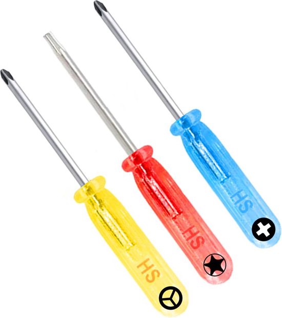 Drie schroevendraaiers met transparante handgrepen: geel, rood en blauw.