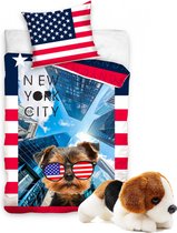 Dekbedovertrek New York met Hond- 140x200- katoen- dekbed jongens, meisjes- kussen 70x90, incl. pluche Beagle knuffel hond.