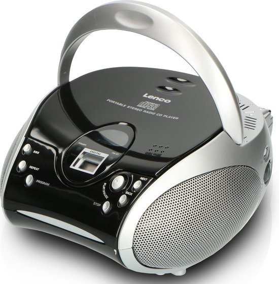 Lenco draagbare radio CD-speler met zilveren handvat omhoog, zwart met zilveren details.