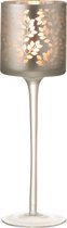 J-Line Theelichthouder Op Voet Blaadjes Glas Grijs/Zilver Large Set van 2 stuks