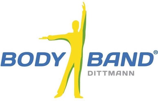 Logo met gele gestileerde man en blauwe tekst 'BODY BAND DITTMANN'.