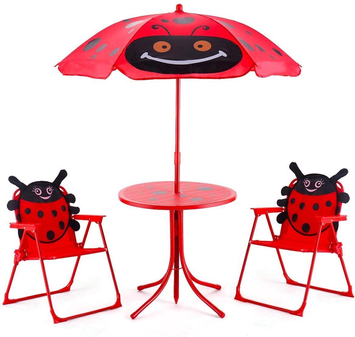 Bobby's Kinderen Tuinset - Kindermeubels - Kindertafel - Rood - Parasol - 2 Kinderstoelen - Inklapbaar - Lieveheersbeestje - ⌀ 50