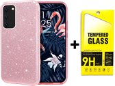 Samsung Galaxy A32 5G Hoesje Roze - Glitter Back Cover & Glazen Screenprotector