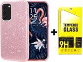 Samsung Galaxy A42 5G Hoesje Roze - Glitter Back Cover & Glazen Screenprotector