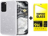 Samsung Galaxy A52 & A52S Hoesje Zilver - Glitter Back Cover & Glazen Screenprotector