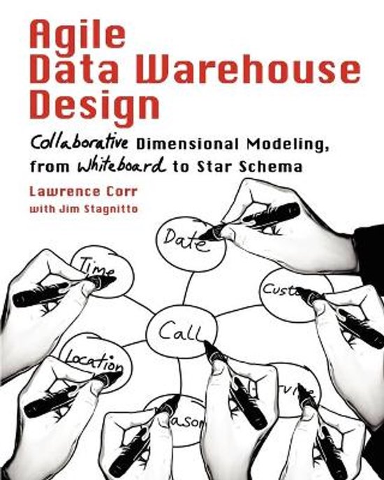 Couverture du livre 'Agile Data Warehouse Design'. Des mains dessinent un diagramme de flux avec 'Call' au centre.