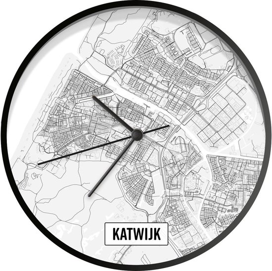 Klok Top 50 Nederland vierkanteØ 30 cm - Stadskaart Katwijk - Modern - Zwarte wandklok met foto