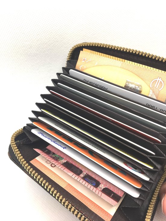 Portefeuille avec fermeture à glissière en cuir PU marron carré / Porte-cartes de crédit avec fonction anti-skim RFID / portefeuille pour dames fan.