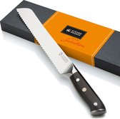 Couteau à pain KitchenProdax 229 mm - Acier inoxydable en acier au carbone allemand - Manche en ébène de première Premium - Avec boîte de rangement de Luxe - Forgé d'une seule pièce - Couteau dentelé - Embout cadeau