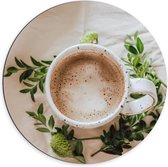 Dibond Wandcirkel - Kopje Koffie met Plantjes - 70x70cm Foto op Aluminium Wandcirkel (met ophangsysteem)